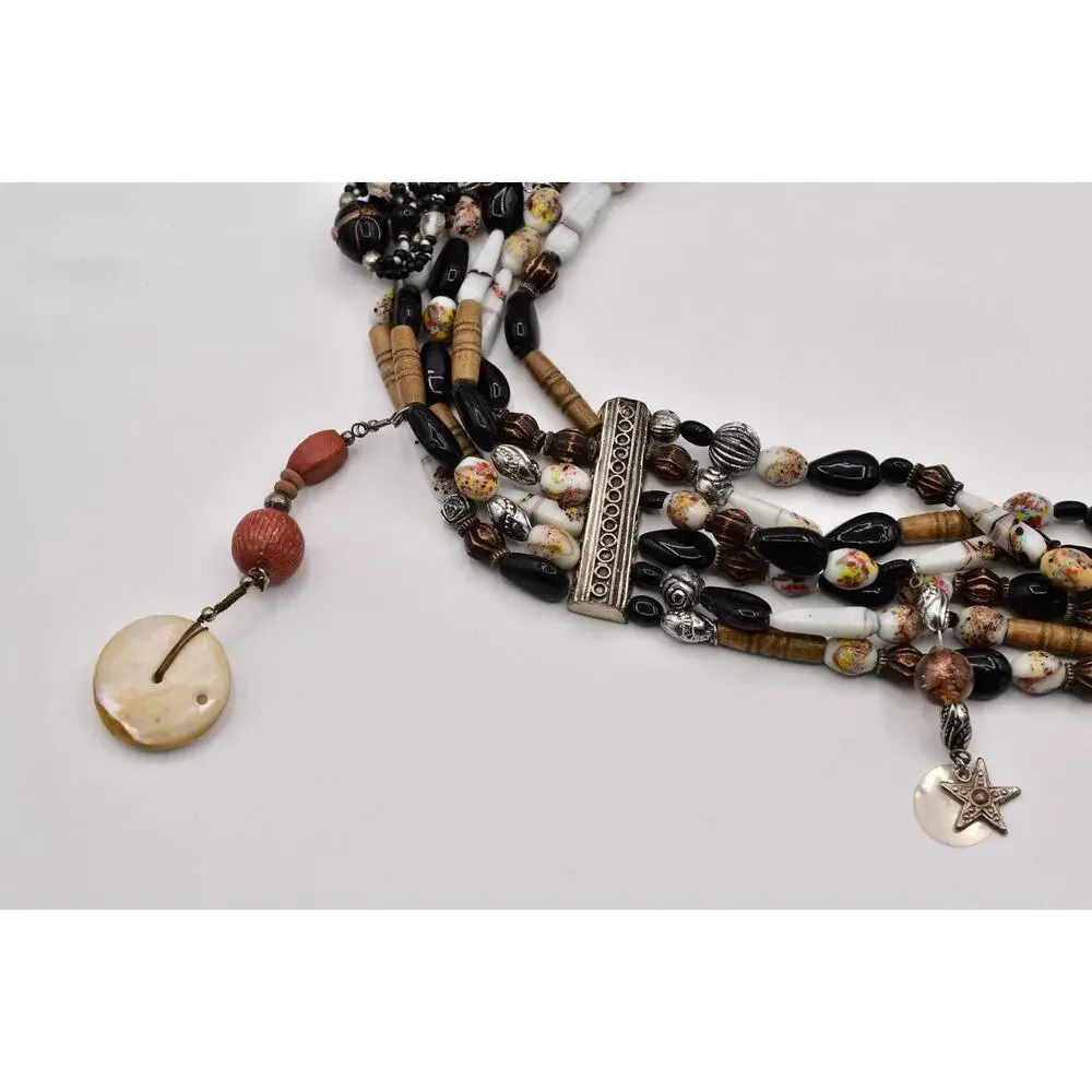 Vintage Multi-Strand Black White Glass Beaded Charm Belt 37” Boho Artisan Coast